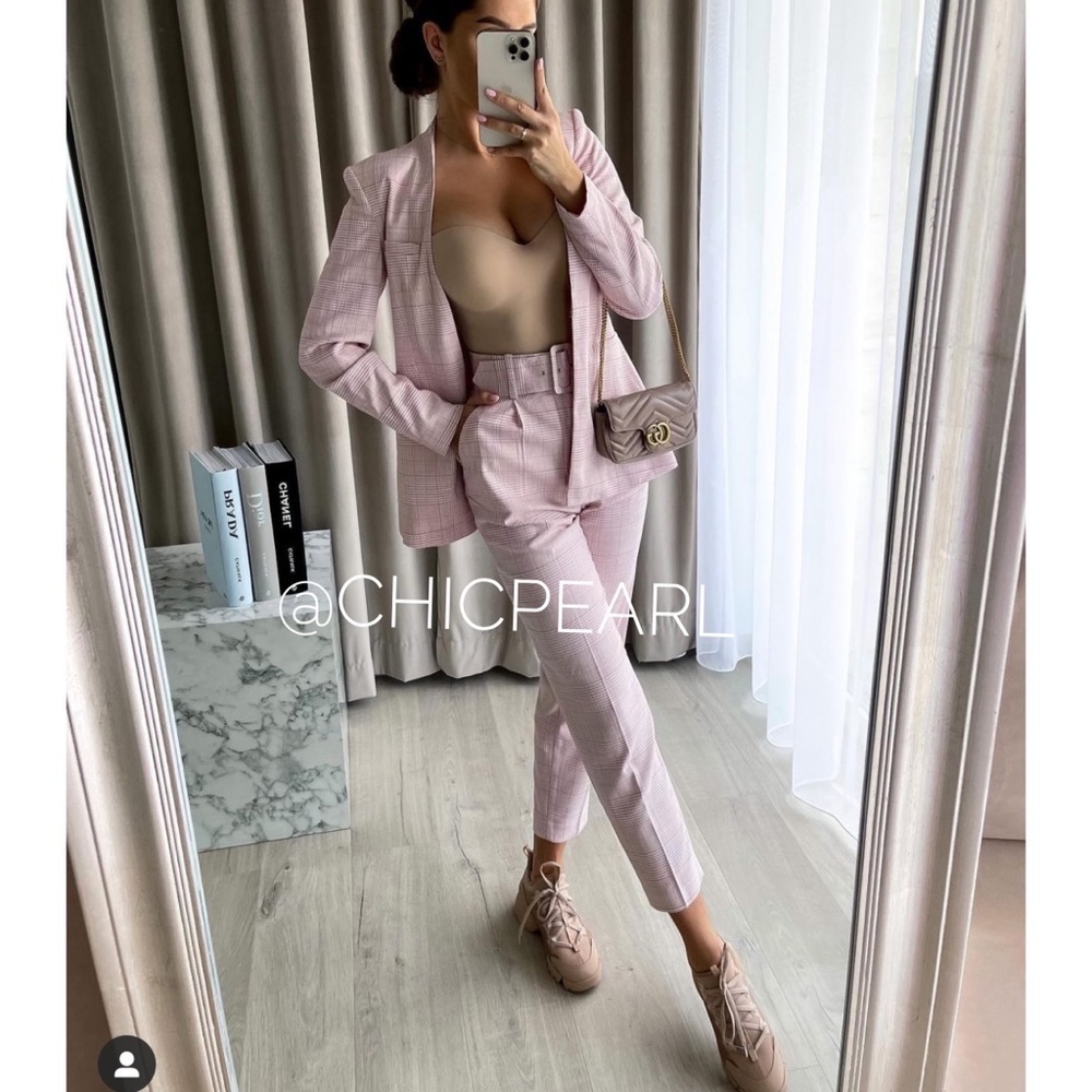 Zara plaid lapelless blazer jacket suit top pink plaid